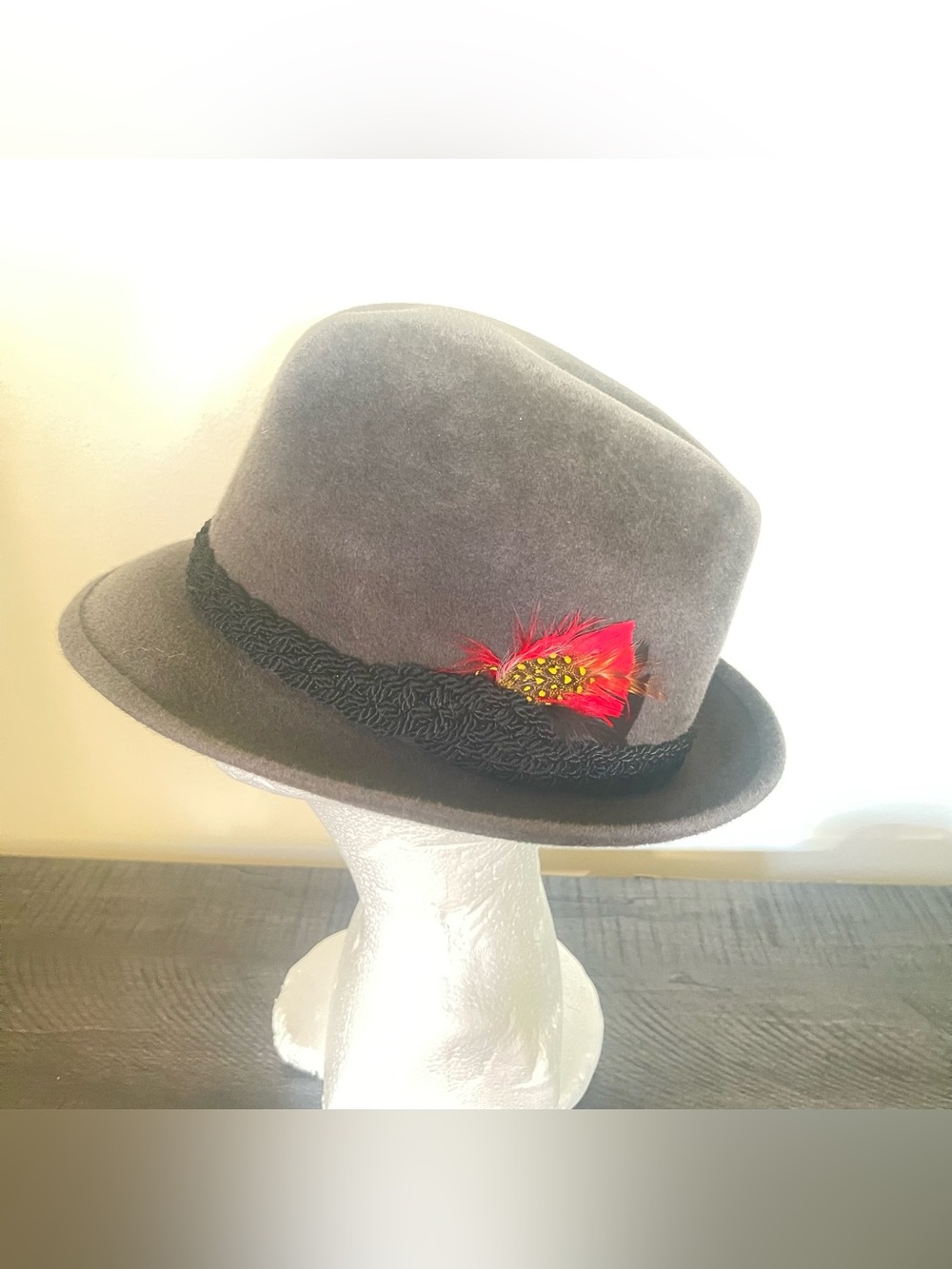 Vintage Gray Wool Men's Fedora with Feather Accent